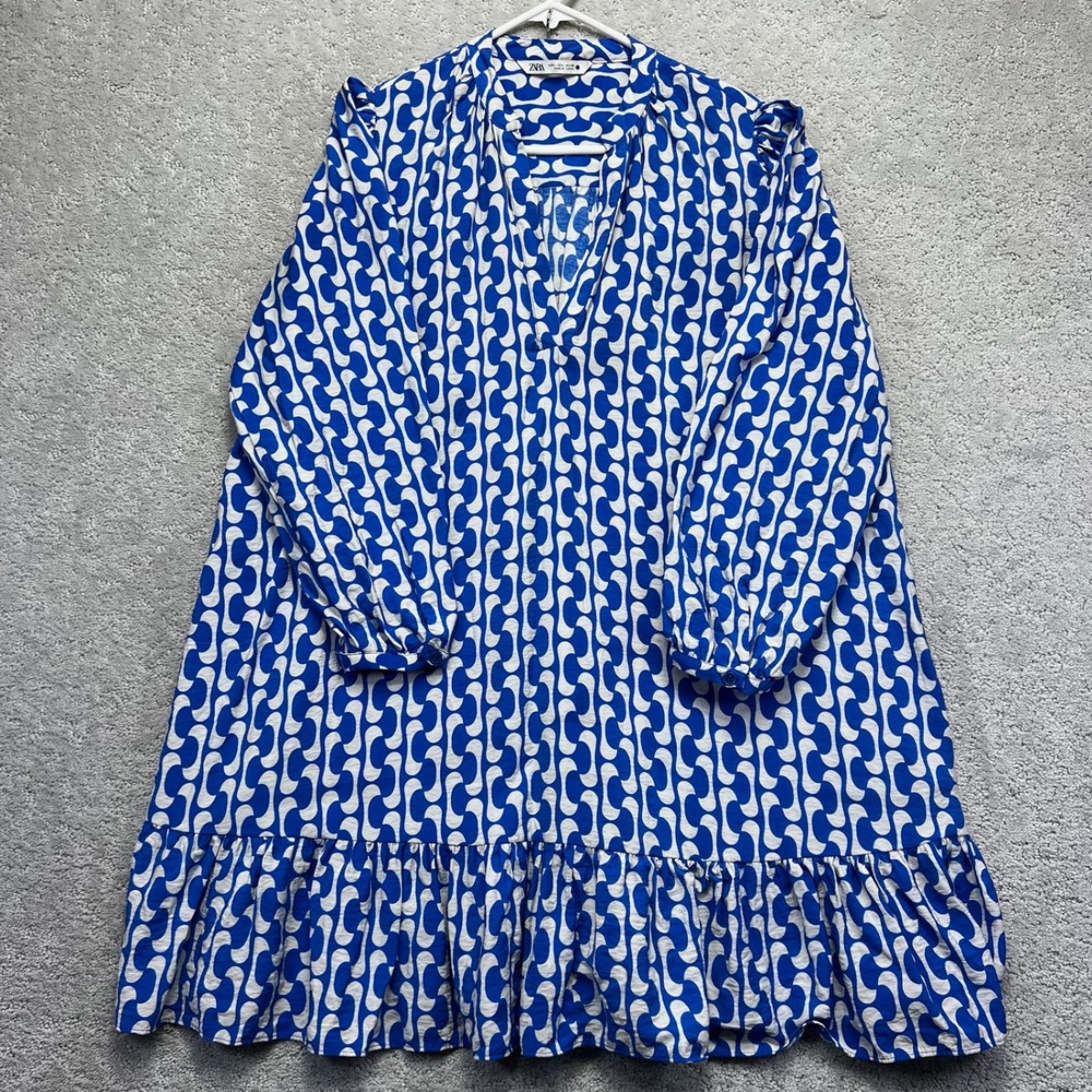Zara Babydoll Dress Womens L Blue White Geometric Print Ruffle Hem Long Sleeve